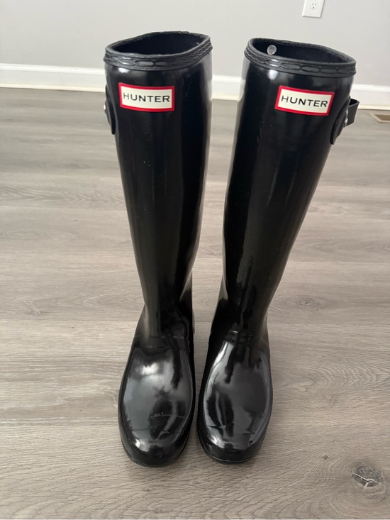Hunter Shoes - Hunter Glossy Black Tall Rain Boots with Red Logo Trim